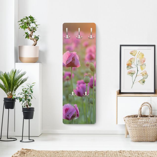 Wandkapstokken houten paneel Purple Poppy Flower Meadow In Spring