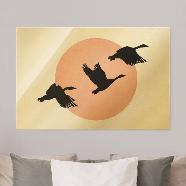 Glasschilderijen Birds In Front Of Rose Sun III