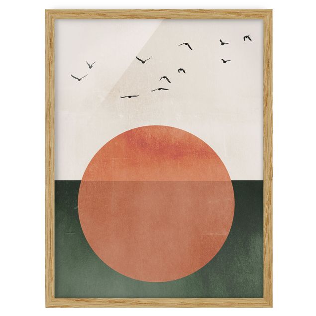 Ingelijste posters Flock Of Birds In Front Of Rising Sun