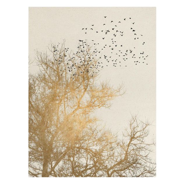 Canvas schilderijen - Goud Flock Of Birds In Front Of Golden Tree