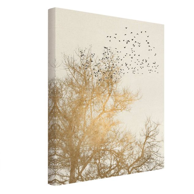Canvas schilderijen - Goud Flock Of Birds In Front Of Golden Tree