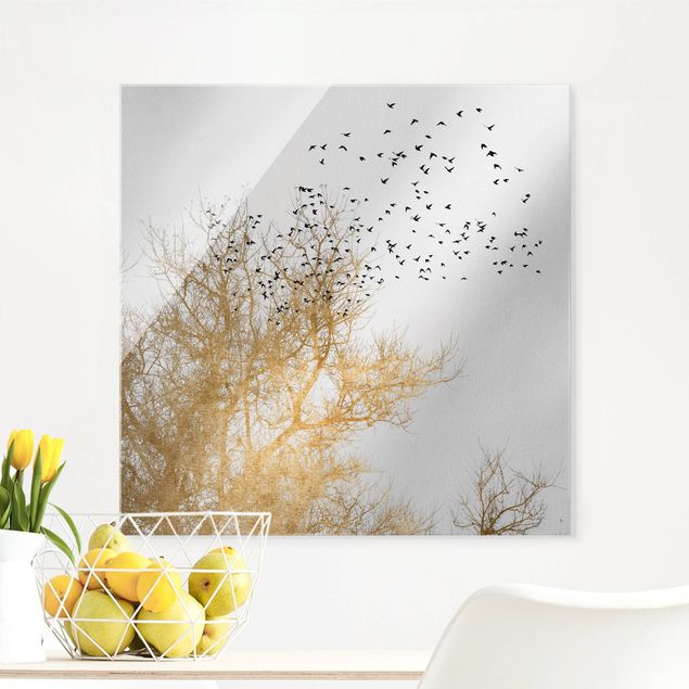 Glas Magnettafel Flock Of Birds In Front Of Golden Tree