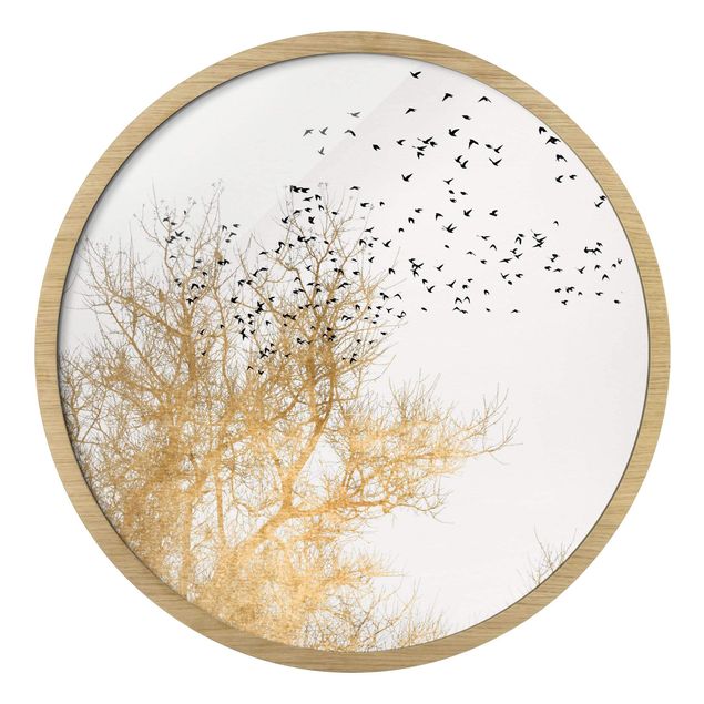 Rond schilderijen Stormo di uccelli davanti ad un albero dorato