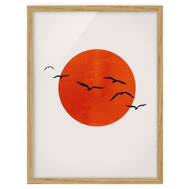 Ingelijste posters Flock Of Birds In Front Of Red Sun I
