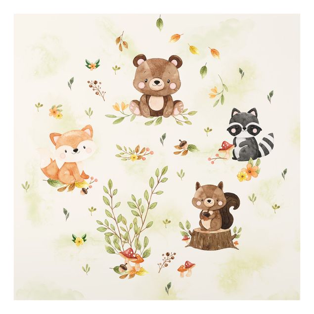 Glasschilderijen Forest Animals Autumn Bear Squirrel Raccoon