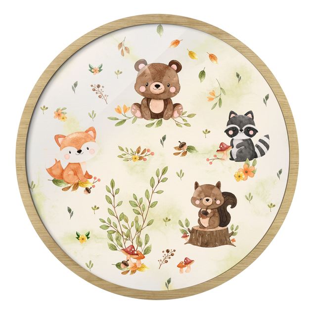 Rond schilderijen Animali della foresta in autunno volpe orso scoiattolo procione