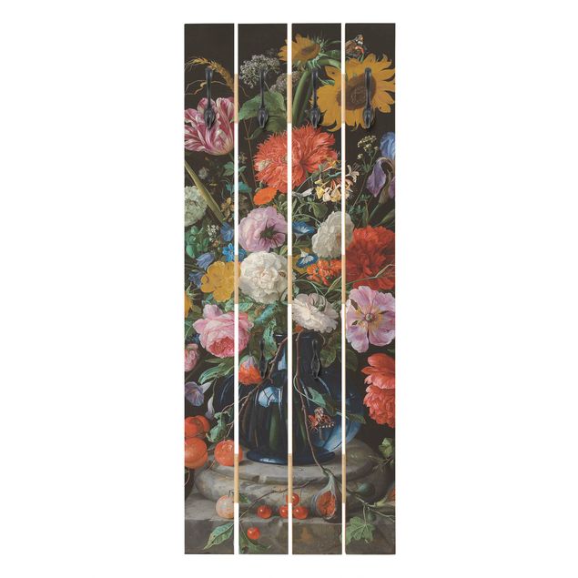 Wandkapstokken houten pallet Jan Davidsz de Heem - Tulips, a Sunflower, an Iris and other Flowers in a Glass Vase on the Marble Base of a Column
