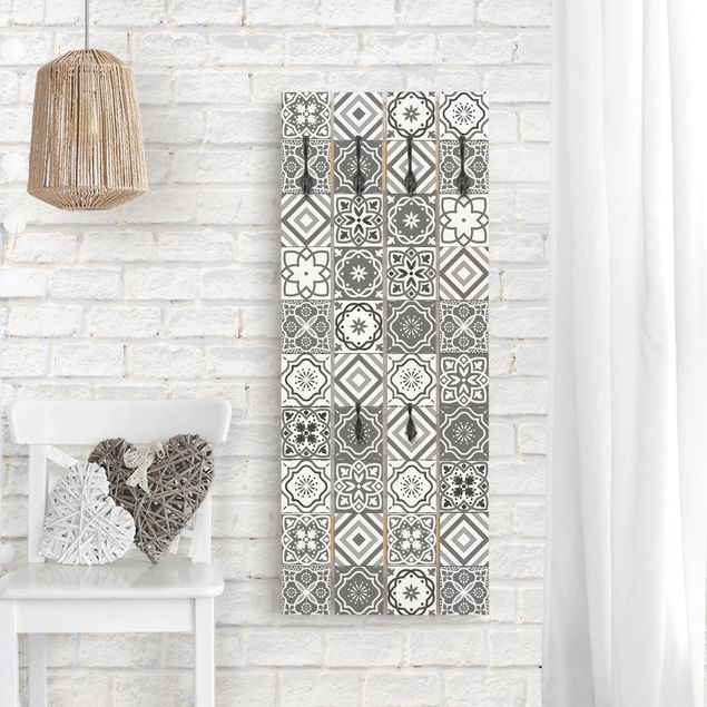 Wandkapstokken houten pallet Mediterranean Tile Pattern Grayscale