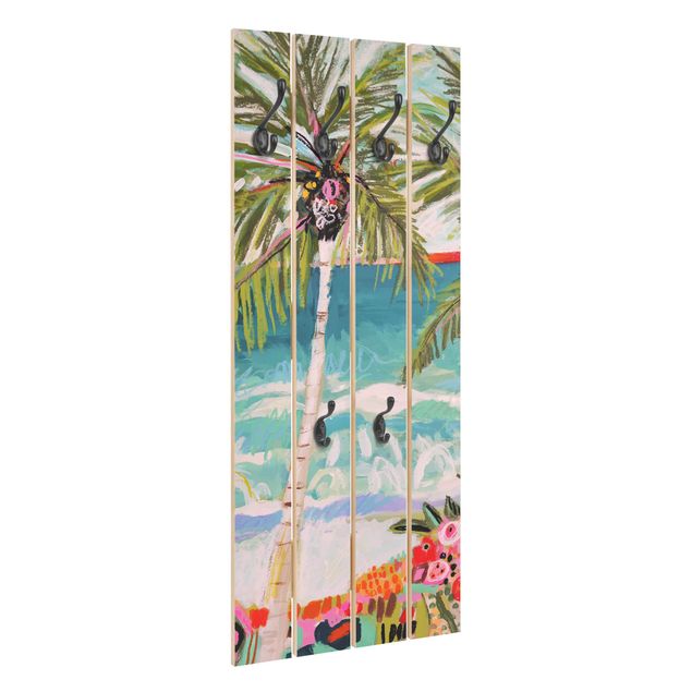 Wandkapstokken houten pallet Palm Tree With Pink Flowers I
