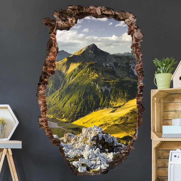 Muurstickers 3d Mountains And Valley Of The Lechtal Alps In Tirol