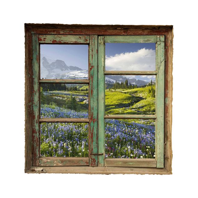 Muurstickers 3d Window View of a Mountain Meadow With Flowers in Front of Mt. Rainier