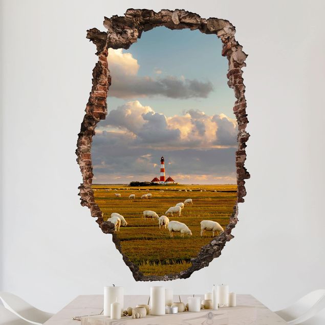 Muurstickers eiland North Sea Lighthouse With Flock Of Sheep