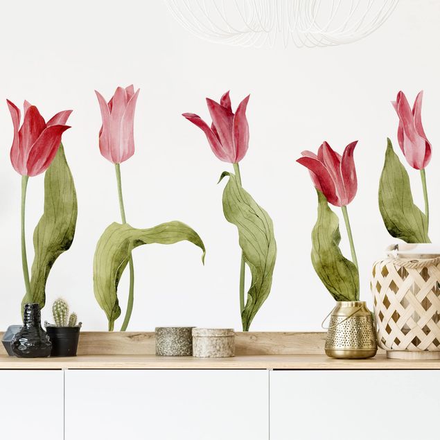 Muurstickers bloemen Red Tulips Watercolour Set