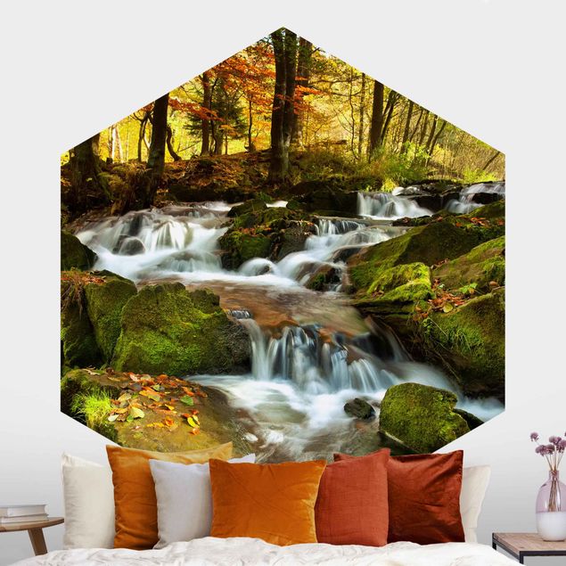 Hexagon Behang Waterfall Forest In The Fall