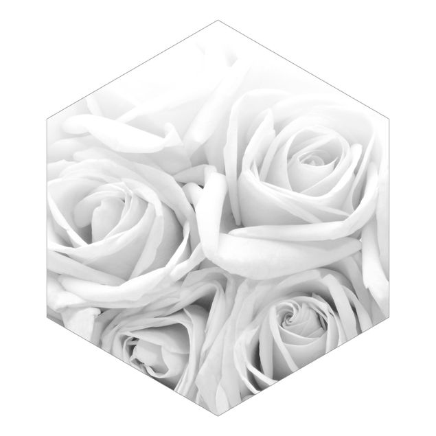 Hexagon Behang White Roses Black And White