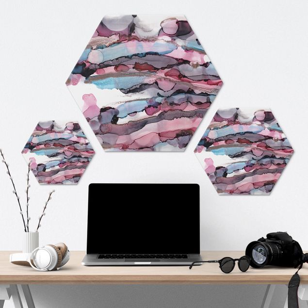 Hexagons Aluminium Dibond schilderijen Surfing Waves In Purple With Pink Gold
