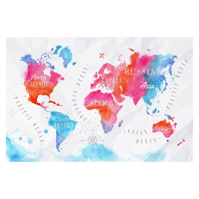 Fotobehang World Map Watercolour Red Blue
