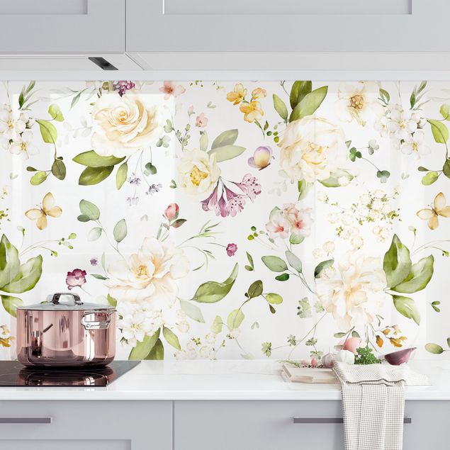 Achterwand voor keuken bloemen Wildflowers and White Roses Watercolour Pattern