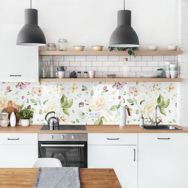 Achterwand voor keuken dieren Wildflowers and White Roses Watercolour Pattern