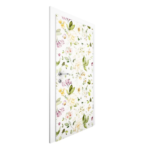Deur behang - Wildflowers and White Roses Watercolour Pattern