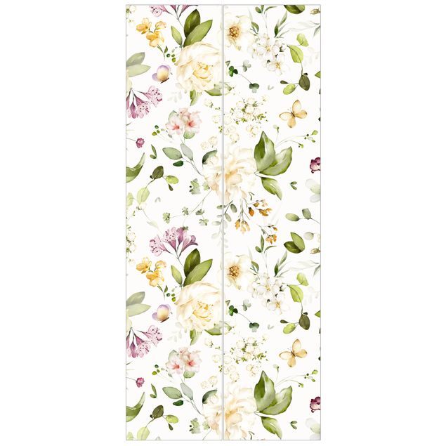 Deur behang - Wildflowers and White Roses Watercolour Pattern