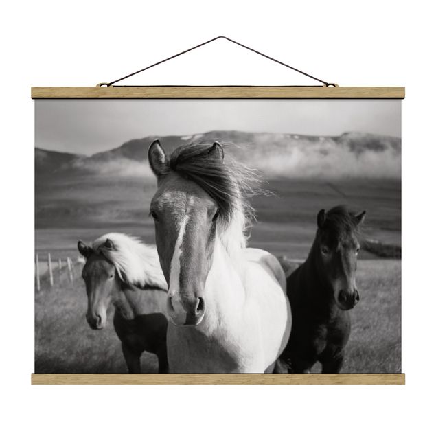 Stoffen schilderij met posterlijst Wild Horses Black And White