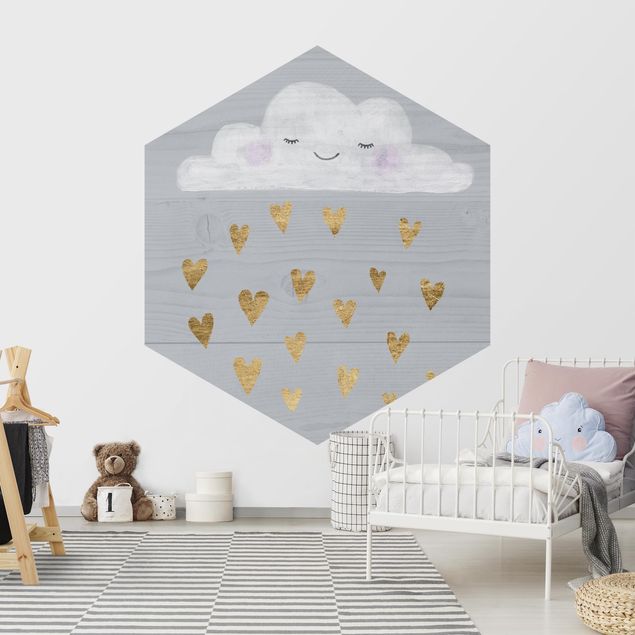 Hexagon Behang Cloud With Golden Hearts
