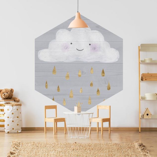 Hexagon Behang Cloud With Golden Raindrops