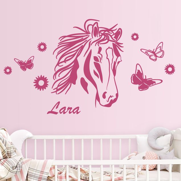 Muurstickers dieren Customised text Horse with flowers