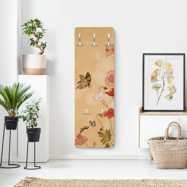 Wandkapstokken houten paneel Yuanyu Ma - Poppy Flower And Butterfly