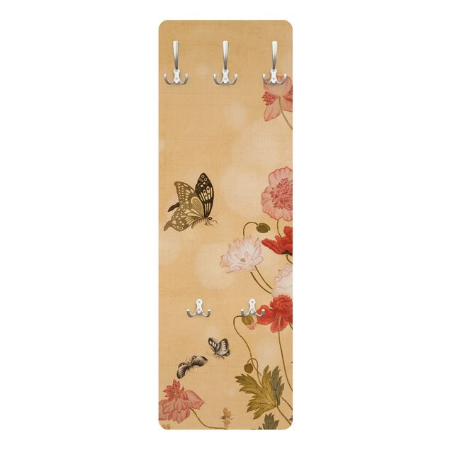 Wandkapstokken houten paneel Yuanyu Ma - Poppy Flower And Butterfly