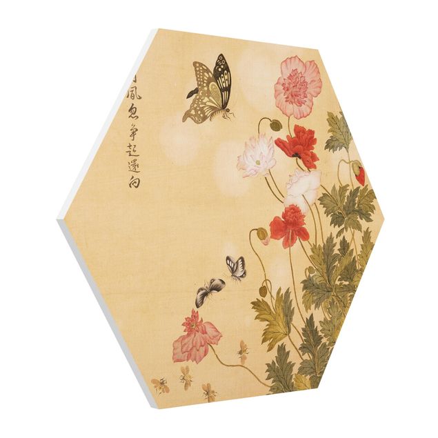 Hexagons Forex schilderijen - Yuanyu Ma - Poppy Flower And Butterfly
