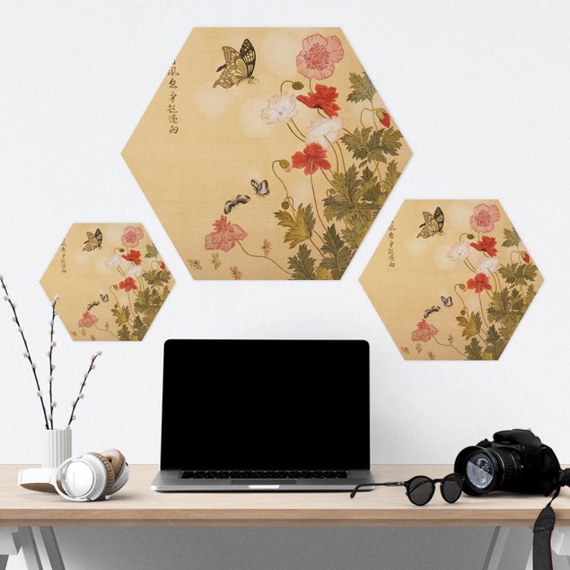 Hexagons Forex schilderijen - Yuanyu Ma - Poppy Flower And Butterfly