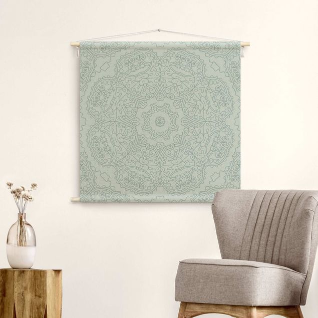 Wandkleed xxl Jagged Mandala Flower With Star In Turquoise