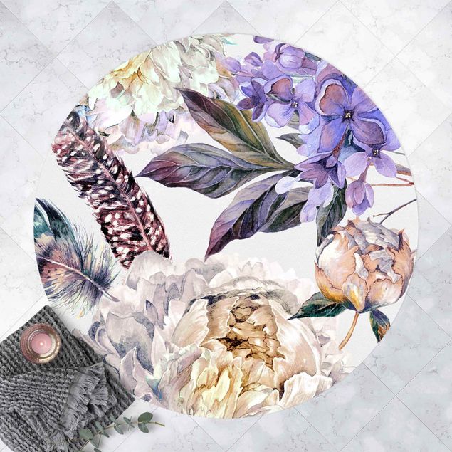 Buitenkleden Delicate Watercolour Boho Flowers And Feathers Pattern