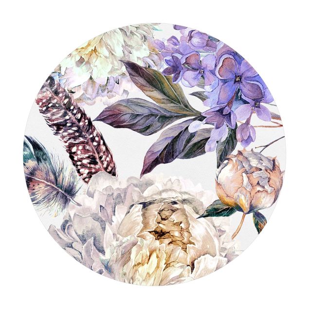 Rond vloerkleed Delicate Watercolour Boho Flowers And Feathers Pattern