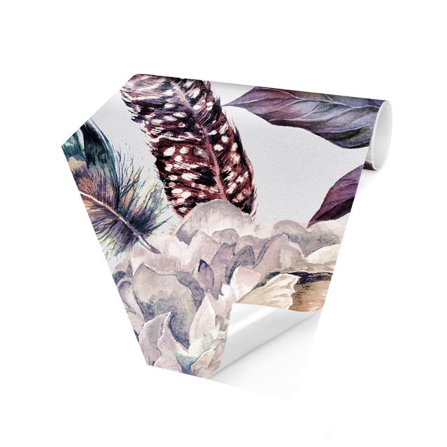 Hexagon Behang Delicate Watercolour Boho Flowers And Feathers Pattern
