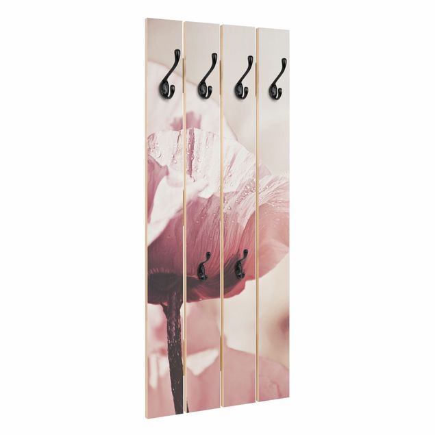 Wandkapstokken houten pallet Pale Pink Poppy Flower With Water Drops
