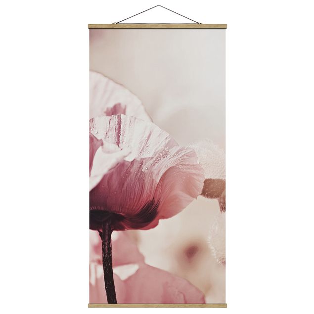 Stoffen schilderij met posterlijst Pale Pink Poppy Flower With Water Drops