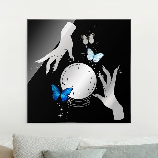 Glasschilderijen Magical Hands - Crystal Ball And Butterflies