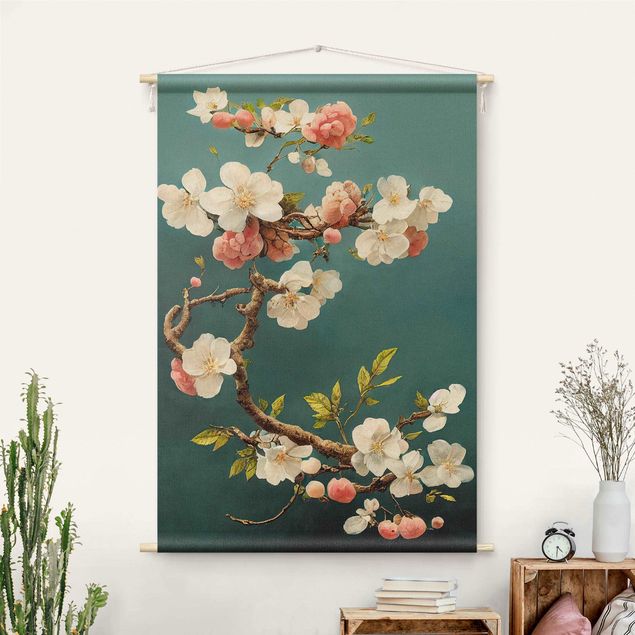 Wandtapijt modern Branch With Flowers On Turquoise