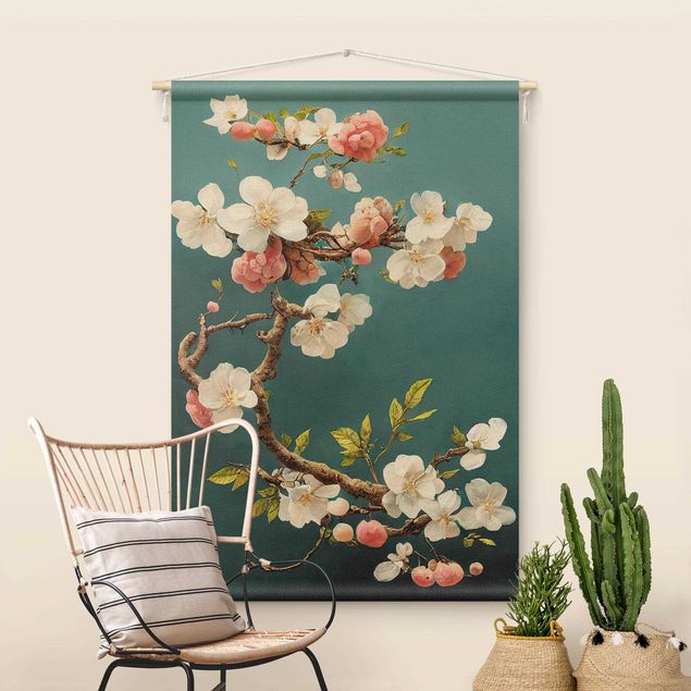 Wandkleed xxl Branch With Flowers On Turquoise